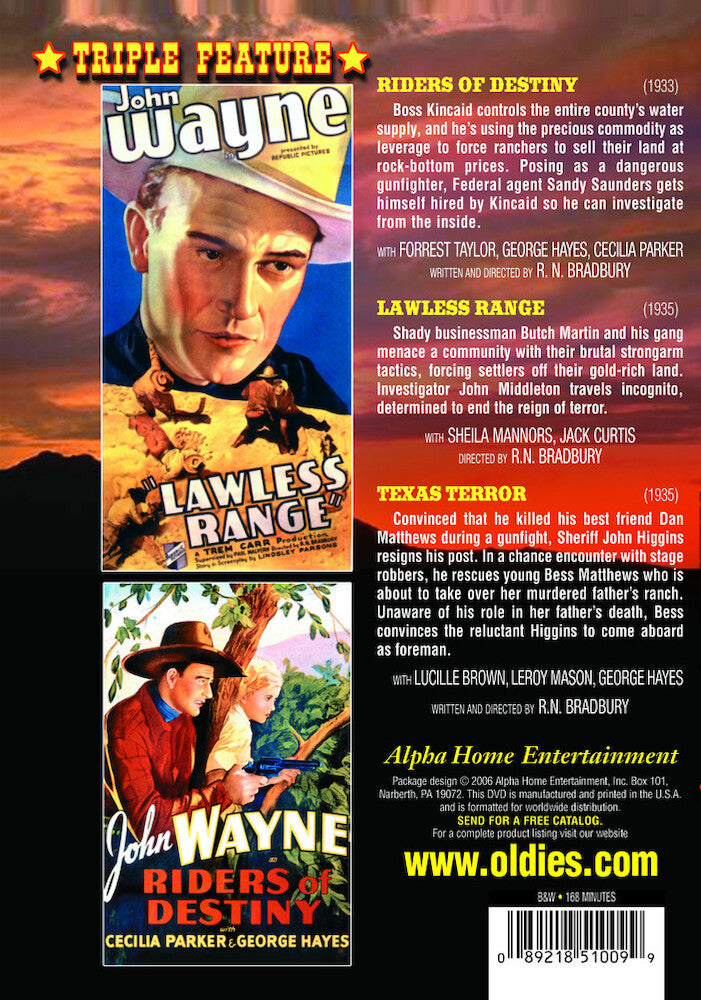 John Wayne Triple Feature, Volume 4 (Riders of Destiny / Lawless Range / Texas Terror) - Back Panel - 