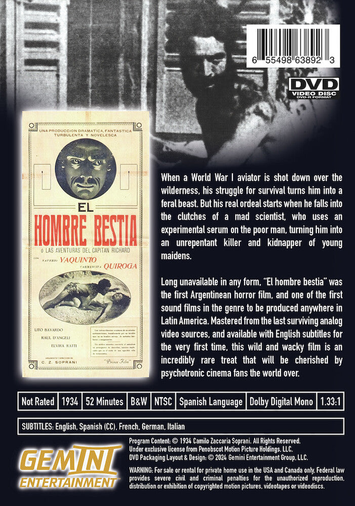 el hombre bestia - Back Panel - DVD