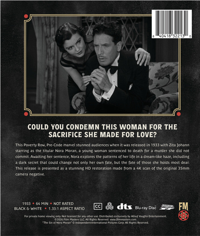 The Sin of Nora Moran (1933) | Newly Restored Archive Collection - Back Panel - 