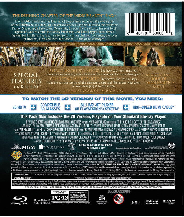 The Hobbit: The Battle of the Five Armies [3D Blu-ray + Blu-ray] - Back Panel - 