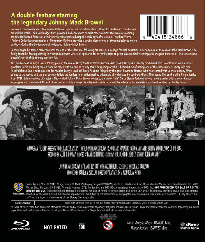 Monogram Matinee Vol. 3 - Under Arizona Skies and Range Justice [Blu-ray] - Back Panel - 