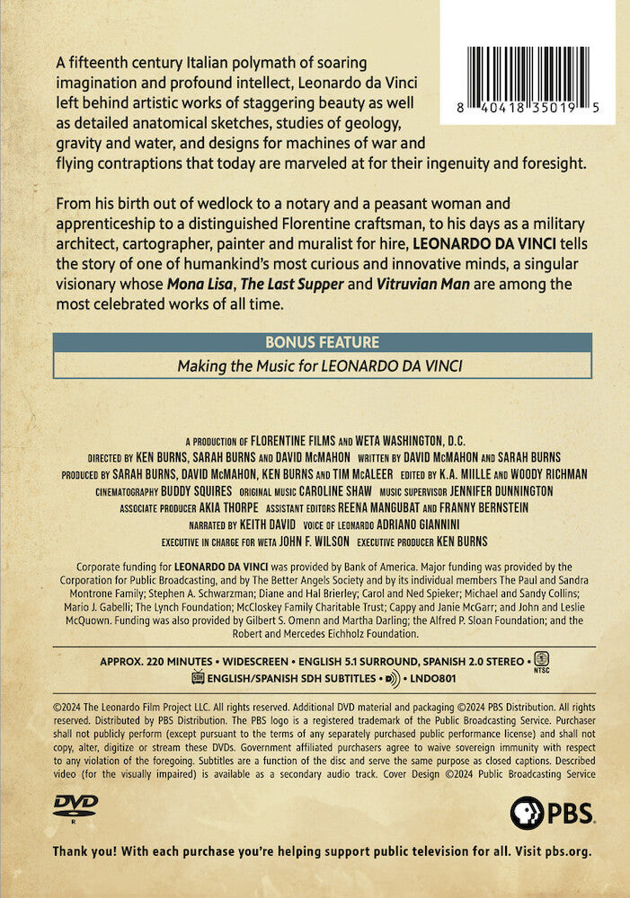 Leonardo da Vinci: A Film by Ken Burns, Sarah Burns and David McMahon - Back Panel - 