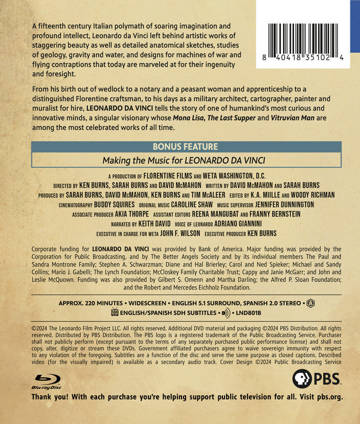 Leonardo da Vinci: A Film by Ken Burns, Sarah Burns and David McMahon - Back Panel - 
