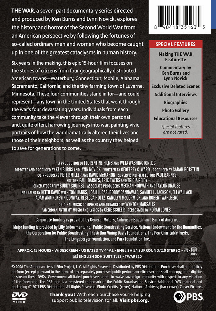 The War: A Ken Burns Film, Directed by Ken Burns and Lynn Novick - Back Panel - 