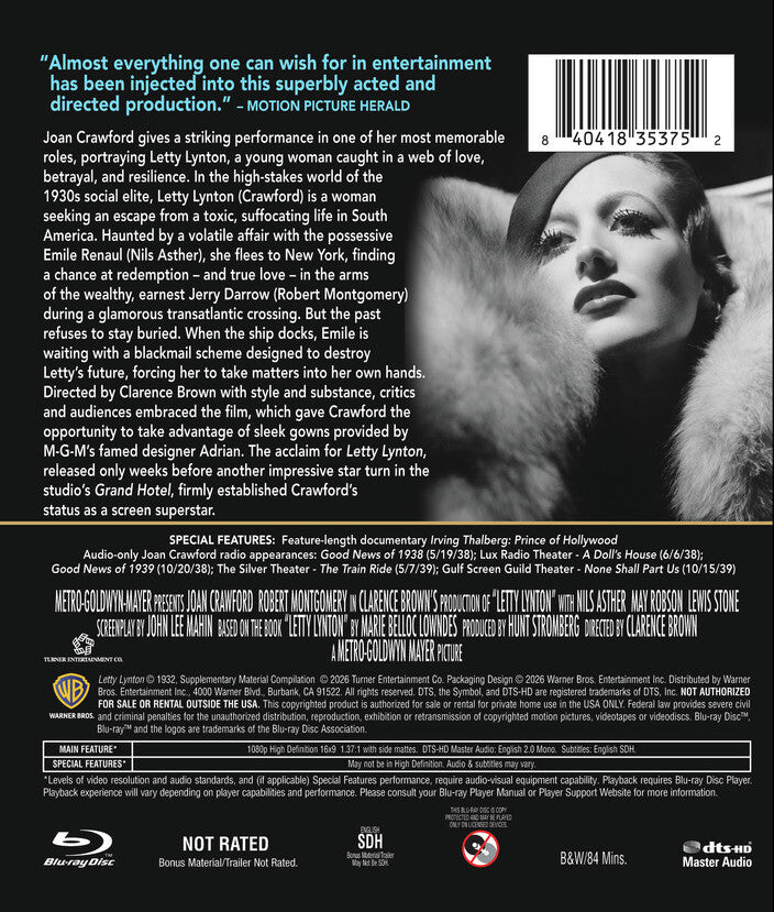 Letty Lynton [Blu-ray] - Back Panel - 