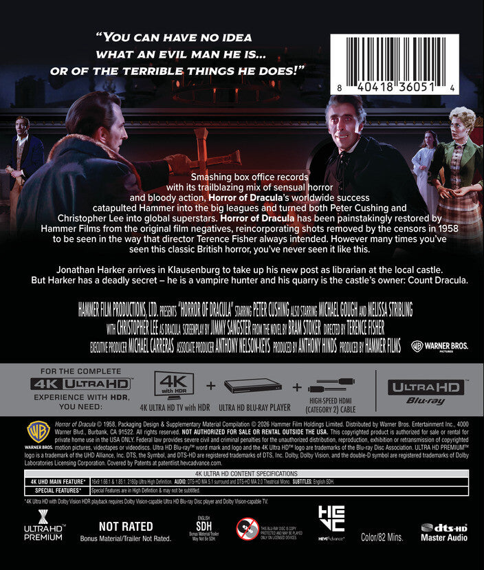 Horror of Dracula 4K UHD back cover with synopsis, special features and product details