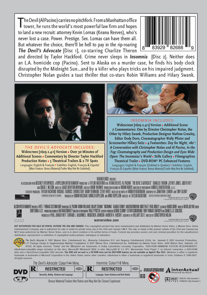 The Devil's Advocate / Insomnia (double feature) - Back Panel - 