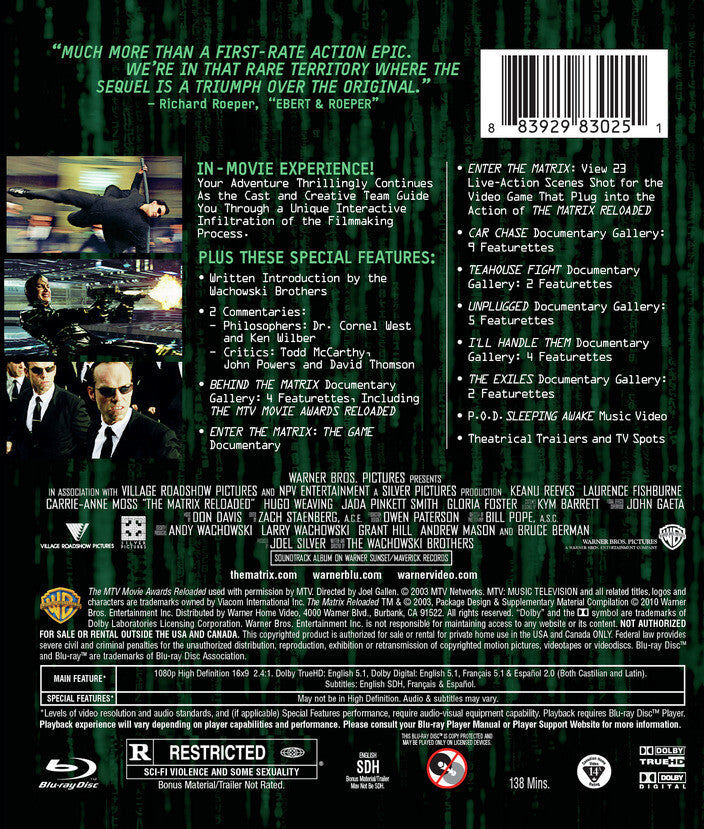 matrix reloaded - Back Panel - Blu-ray